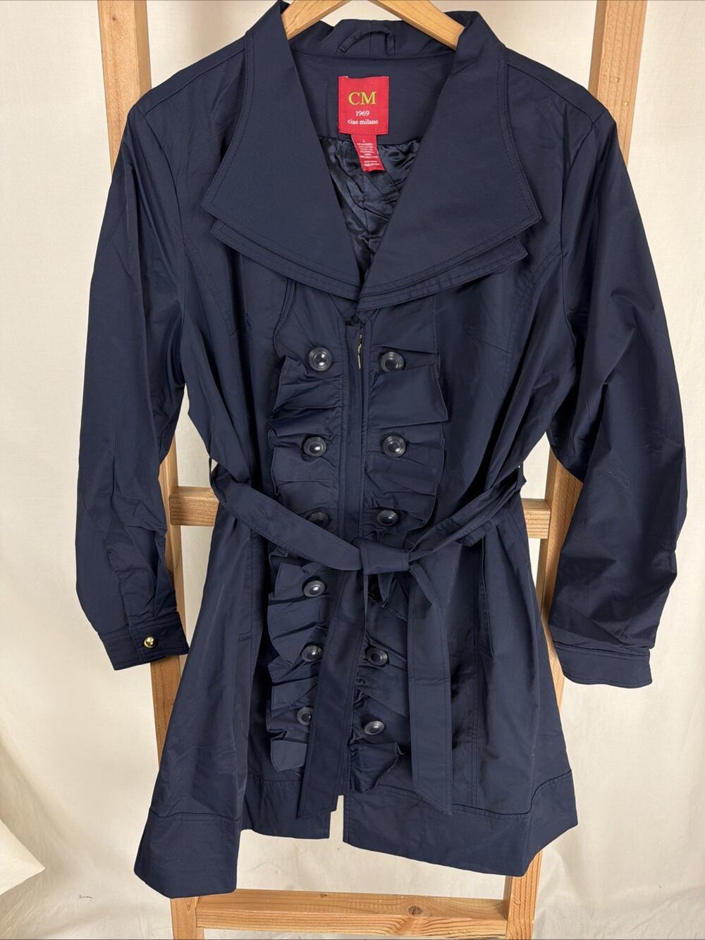 NWT CM 1969 Ciao Milano Navy Blue Belted Ruffle Raincoat Size XL